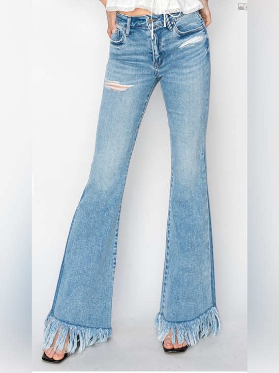 Risen Jeans Denim - Risen Jeans MID RISE FLARE LONG FRAY JEANS
